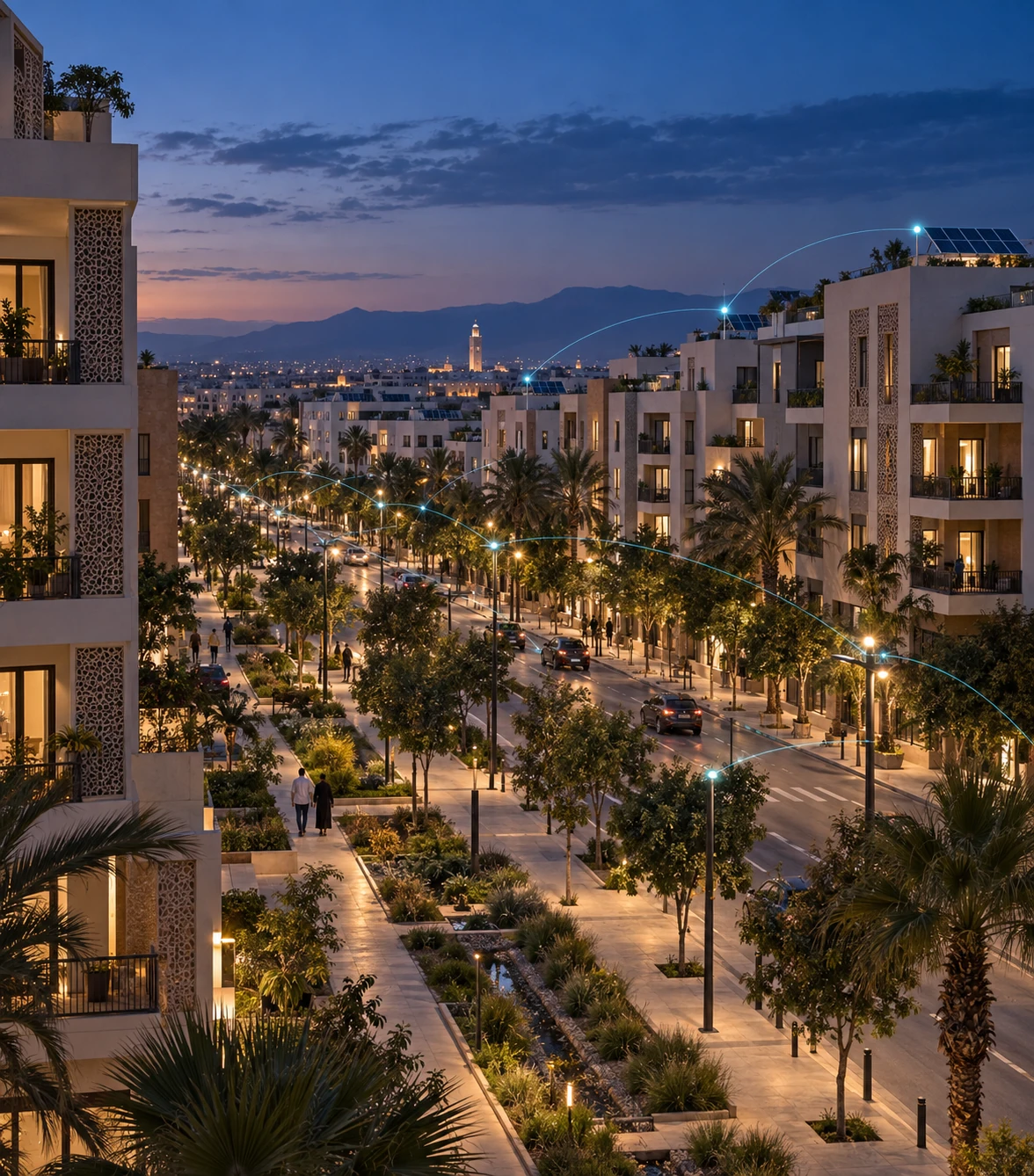 Illustration de la vision Smart City : un quartier marocain et ses réseaux connectés